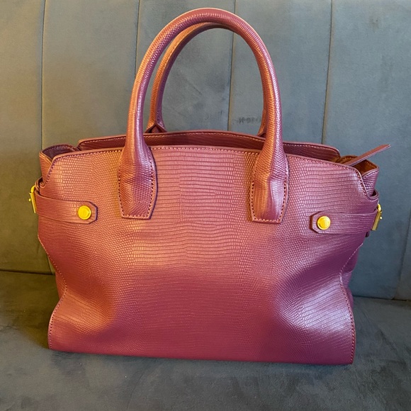 Joy Mangano Eggplant/Gold Saffiano Leather Satchel - Picture 2 of 7